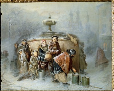 De rij bij de fontein. In de winter wachten de stadsbewoners op hun beurt om hun emmer met drinkwater te vullen door Vasili Grigorevich Perov
