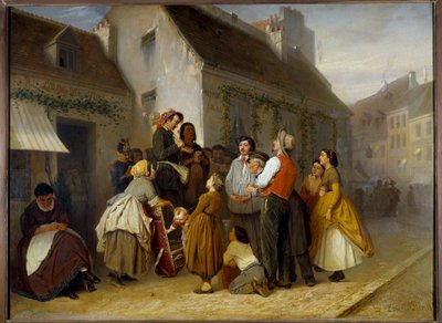 Straatscène in Parijs. Voorbijgangers gestopt voor een stel straatmuzikanten: de man speelt de ehru (instrument met twee snaren bespeeld met een strijkstok) en zijn vrouw zingt door Vasili Grigorevich Perov