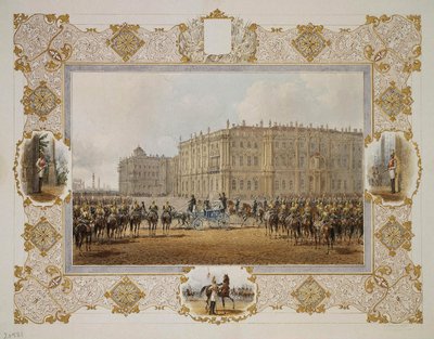 Review van het Horse-Guardsmen Regiment voor het Winterpaleis, 1850s door Vasili Semenovich Sadovnikov