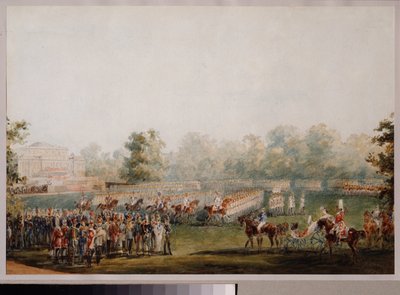 Militaire parade op de weide van het Elagin-paleis in Sint-Petersburg. (Defilé van de keizerlijke garde). Werk van Vasily Semyonovich Sadovnikov (1800-1879) door Vasili Semenovich Sadovnikov