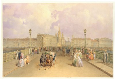 Uitzicht op de Blagoveshchensky-brug in Sint-Petersburg, 1851 door Vasili Semenovich Sadovnikov