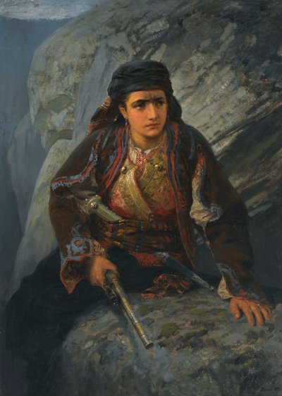 De uitkijk (Le guet) Jonge vrouw houdt de wacht met een pistool in de hand - Schilderij door Vassili Polenov (1844-1927) door Vasilij Dmitrievich Polenov