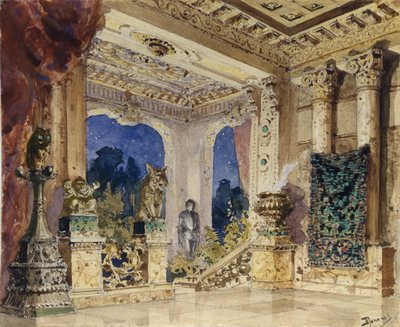 Toneelontwerp voor de opera De scharlaken Roos door N. Krotkov, 1884 door Vasilij Dmitrievich Polenov
