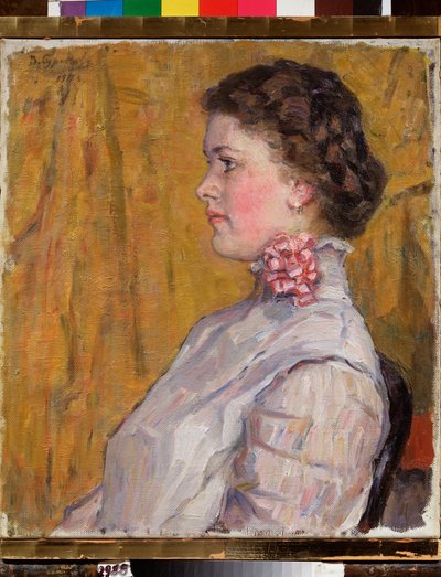 Portret van een vrouw op een gele achtergrond door Vasilij Ivanovic Surikov