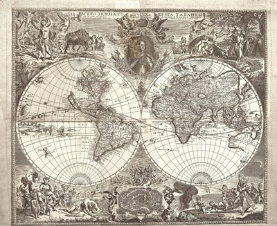 Dubbel halfrond kaart van de wereld, 1713 door Vasily Anufrievich Kiprianov