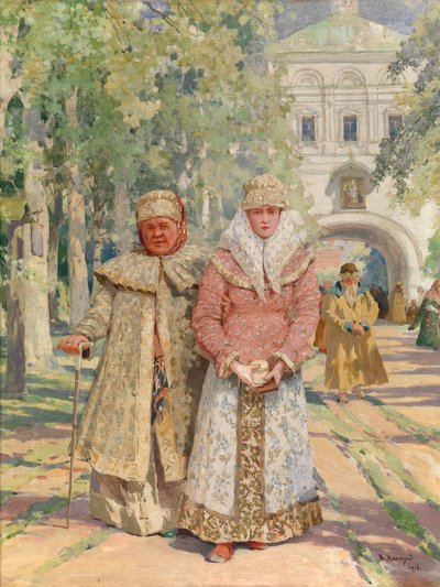 Voor de poort van het klooster door Vasily Ivanovich Navozov