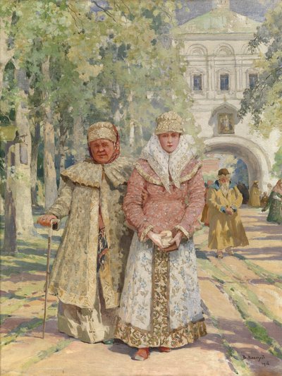 Buiten de kloosterpoort door Vasily Ivanovich Navozov