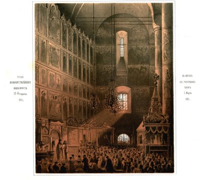 De Aankondiging van het Manifest van de Emancipatie van de Lijfeigenen in de Dormitie Kathedraal op 5 maart 1861, 1861 door Georg Wilhelm Timm