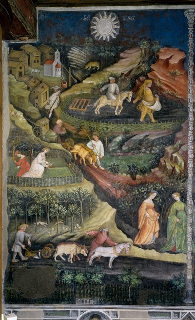 April: ploegen en zaaien van velden. Landbouwscène met ploeg, eg en landbouwgereedschap op het platteland door Venceslao Maestro