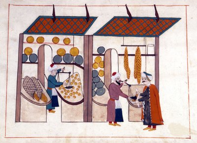 Een fruit- en groentehandelaar (vier seizoenen) in Constantinopel, Turkije onder het Ottomaanse Rijk. Miniatuur uit 
