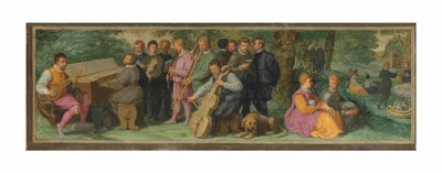 Een Pastoraal Concert, met Elegante Figuren die een Cittern, een Klavecimbel, een Viool, een Cornett, een Trombone en een Violoncello Spelen door Venetian School