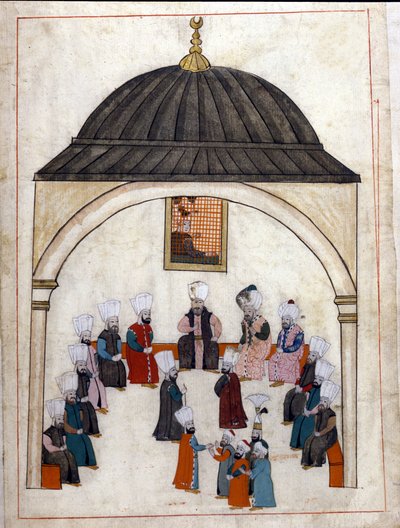 Bestuur onder het Ottomaanse Rijk: een hoorzitting voorgezeten door de Grootvizier. Miniatuur uit ""Turkse Herinneringen"" (codex Cicogna 1971 ""Memorie Turchesche""). Aquarel van de 17e-eeuwse Venetiaanse school. door Venetian School