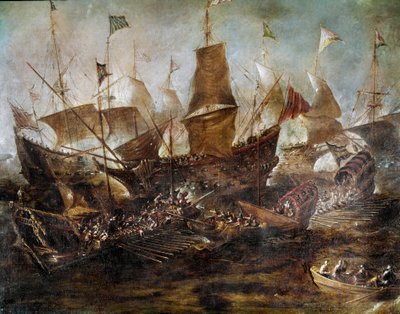 Slag tussen Venetiaanse en Turkse vloten. Schilderij van de Venetiaanse school. 17e eeuw. Istanboel, Maritiem Museum door Venetian School