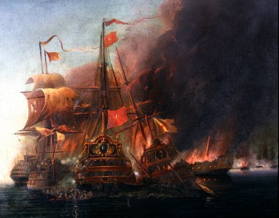 Slag tussen de Ottomaanse vloten en de Venetiaanse vloten voor Famagusta tijdens het beleg van Cyprus in 1570 Schilderij van de Venetiaanse school van de 16e eeuw. Istanbul, Naval Museum door Venetian School