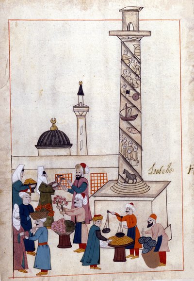 Constantinopel; de bazaar (of wandelingen) nabij de obelisk. Miniatuur uit 