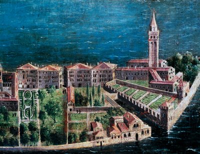 Tuin naast de Kerk van de Verlosser, detail van vogelvlucht van Venetië, schilderij door Venetiaanse school, Italië door Venetian School
