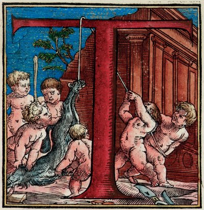 Initiaal T, detail van een pagina uit "De Humani Corporis Fabrica Libri Septem" door Andreas Vesalius door Venetian School