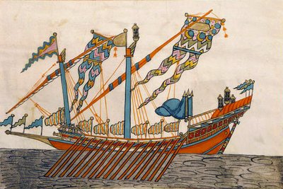 Ms. cicogna 1971, miniatuur uit de Memorie Turchesche die een Turkse vlaggenschip afbeeldt door Venetian School