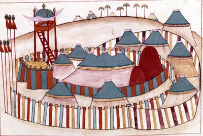 Ottomaanse kamp. Miniatuur uit ""Turkse Herinneringen"" (codex Cicogna 1971 ""Memorie Turchesche""). Aquarel van de 17e-eeuwse Venetiaanse school. door Venetian School