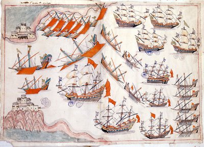 Oorlog tussen Venetië en het Ottomaanse Rijk: Slag bij de Dardanellen die de overwinning van de Venetiaanse kapitein Lorenzo Marcello in 1655 zag (aquarel) door Venetian School