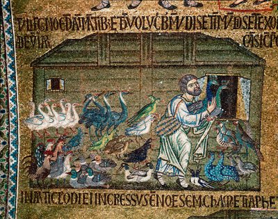 Byzantijnse architectuur: Noach brengt de dieren in de ark voor de zondvloed, mozaïek gemaakt door Venetiaanse kunstenaars, 13e eeuw, Basiliek van San Marco, Venetië door Veneto Byzantine School
