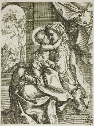 Madonna en kind met Sint Jozef door Ventura Salimbeni