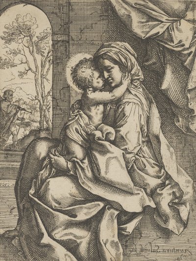De Maagd zittend met het Christuskind op haar schoot die haar omhelst, Jozef gezien door..., ca. 1600-1613 door Ventura Salimbeni