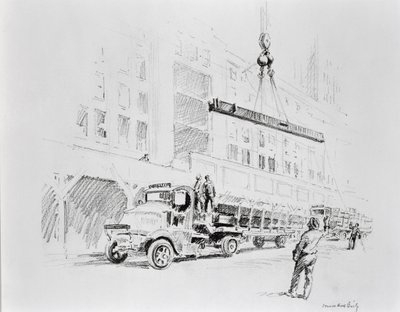 Stalen balk wordt omhoog getakeld van de vrachtwagen, te gebruiken bij de bouw van het Empire State Building, uitgegeven door William Edwin Rudge door Vernon Howe Bailey