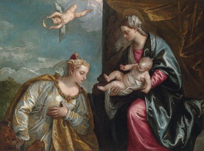 Allegorie van de stad Venetië die de Madonna en het kind aanbidt door Veronese