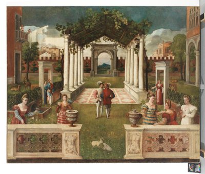 Een klassiek architectonische tuin met elegante figuren, een bergachtig landschap daarachter, c. 1530 door Veronese School
