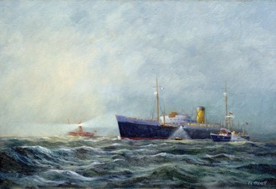 Een padvinder (tweepersoons motorboot), die een vliegtuig verlaat voor de vuurtorenboot bij Harwich (Engeland) door Vic Trevett