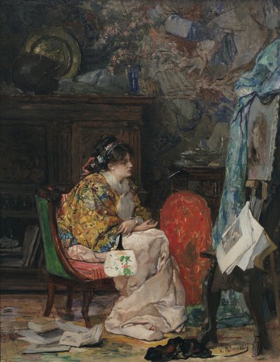 Een model in het atelier van de kunstenaar door Vicente Palmaroli y Gónzalez