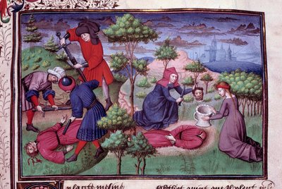 Moordscène van twee mannen waarvan de moordenaars hun hoofd afhakken. Pagina van een manuscript in het Frans van de 