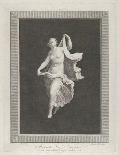 Een deels naakte bacchante die naar voren stapt en de uiteinden van haar draperie vasthoudt door Vicenzo Feoli