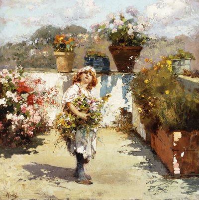 Een Jong Meisje die Bloemen Plukt in de Zonneschijn door Vicenzo Irolli