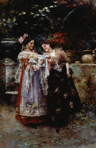 Mooie kant (Twee vrouwen met pasgeboren baby), door Vincenzo Irolli (1860-1949), olieverf op doek door Vicenzo Irolli