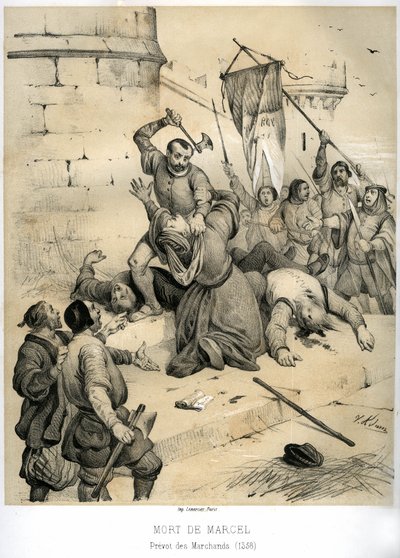 Moord op Etienne Marcel, rijke draper en Prevot des merchants (1316-1358) door de schepen Jean Maillart, een van de leiders van de royalistische partij, in juli 1358. Gravure door Victor Adam (1801-1866) in het boek 