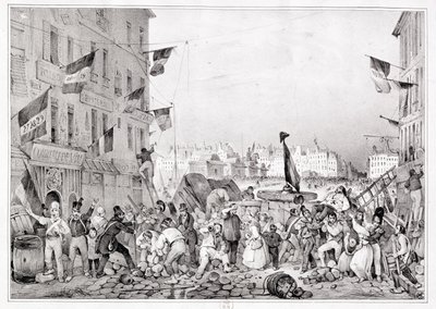 Barricade bij de Rue Dauphine, 29 juli 1830, gegraveerd door H. Delaporte door Victor Adam