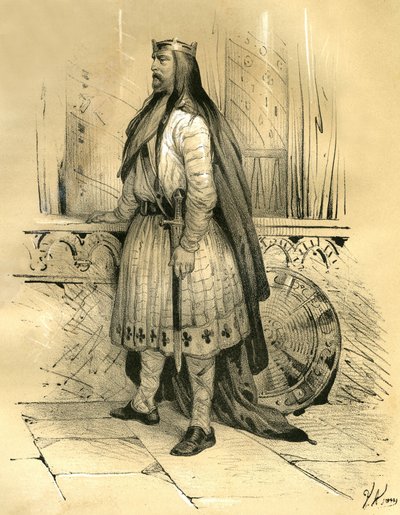 Clodion de Harige, leider van de Salische Franken van ongeveer 428 tot zijn dood in 447, waarschijnlijk voorvader van de Merovingen. Gravure door Victor Adam (1801-1866) in het boek 