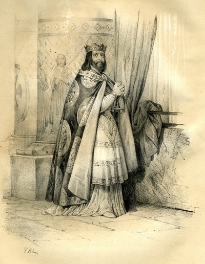 Dagobert I (ca. 600-639) koning van Austrasië (623 tot 629), koning van alle Franken (629 tot 634), koning van Neustrië en Bourgondië (634 tot 639). Het bewind van Dagobert I door Victor Adam