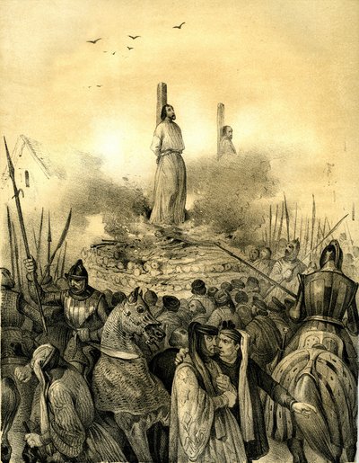 Dood van de slager van Jacques de Molay (Molai) (1243-1314), laatste grootmeester van de Orde van de Tempeliers (1298). Philippe le Bel liet hem arresteren (1307), martelen en opsluiten voordat hij hem levend verbrandde, samen met de commandant van Normand door Victor Adam
