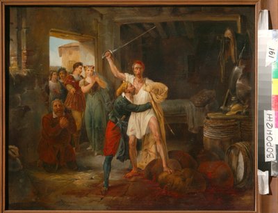 Don Quichot vecht tegen bepaalde wijnzakken door Victor Adam