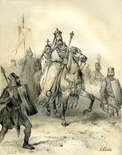 Keizer Karel de Grote, dragend de emblemen van macht, rijdt aan het hoofd van zijn troepen soldaten in harnas. Gravure door Victor Adam in het boek 