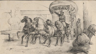 Vijf paarden trekken een koets met passagiers, midden 19e eeuw door Victor Adam