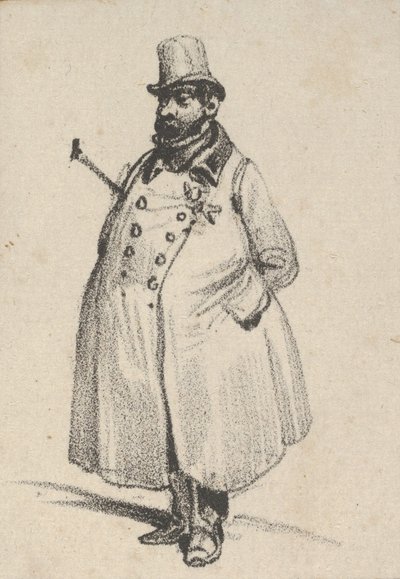 Man met een jas en een hoed met een wandelstok onder zijn arm door Victor Adam