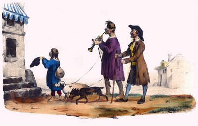 Twee blinden geleid door honden en een bedelend kind. In 