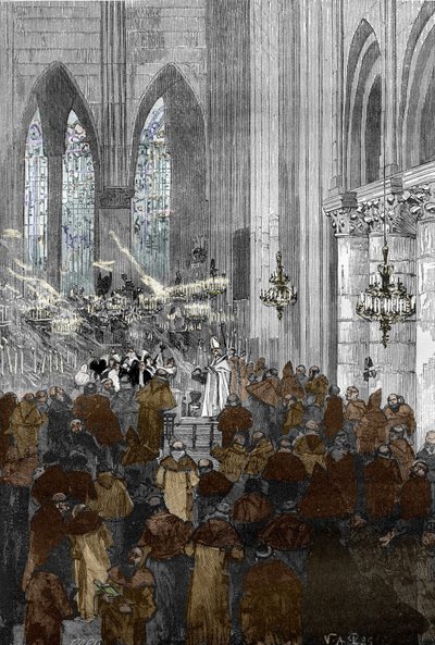 Zaak van de bezetenen van Loudun ca. 1630: de bezeten ursulinen tijdens een exorcismesessie in de kerk van Sainte Croix de Loudun door Victor Armand Poirson