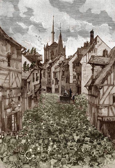Affaire van de bezetenen van Loudun (demonen van Loudun) circa 1630: heksenjacht, de Franse priester Urbain Grandier (1590-1634) die naar verluidt een pact met de duivel had gesloten en beschuldigd werd van het betoveren van nonnen, wordt verbrand op de br door Victor Armand Poirson