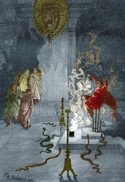 Oud Griekenland: “Voorstelling van de Pythia, priesteres in de Tempel van Apollo in het oude Griekenland” Gravure uit “De Mysteres van de Wetenschap” door Louis Figuier, Privécollectie door Victor Armand Poirson