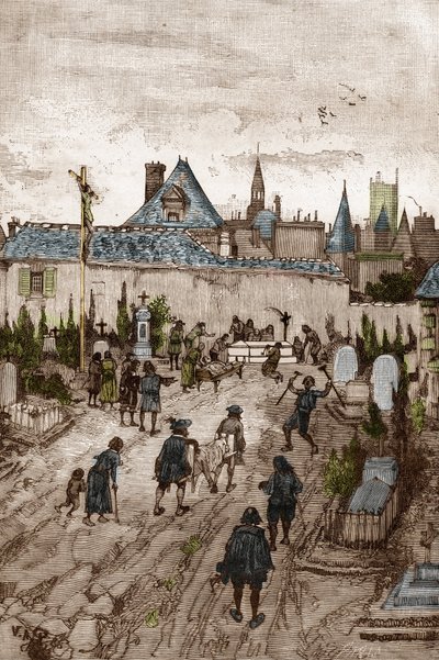 Jansenistische convulsionair (of Saint Medard) (Werken van convulsies) in de 18e eeuw: de zieken en gebrekkigen gaan naar de begraafplaats van Saint-Medard (waar het graf van diaken Francois Paris is) om miraculeus genezen te worden (Convulsionnaire prakti door Victor Armand Poirson